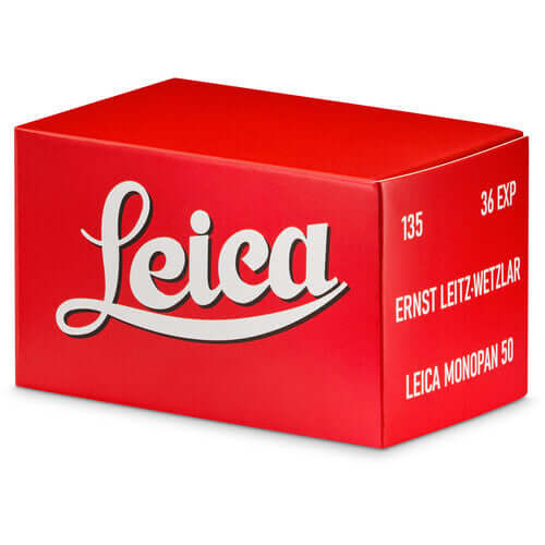 PRE-ORDER Leica Monopan 50 BW 35mm Film, 36 Exp 08/2027 Expiration packaging in bright red.