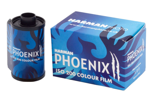 Harman Phoenix II ISO 200 Colour Film roll and box, showcasing innovative analogue photography technology.