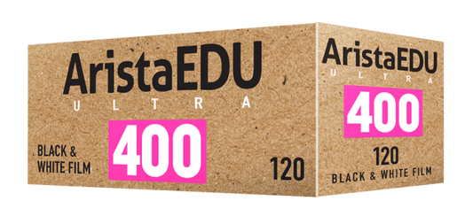 Arista EDU Ultra 400 Black & White 120 Film packaging showcasing fine grain and tonal range for photography.