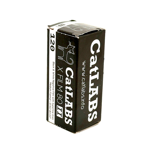 CatLABS X Film 80 II BW 120 film box for medium format photography, vintage-inspired, modern quality.