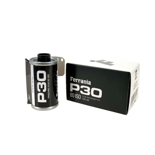 Ferrania P30 80 ISO Black and White 35mm film canister with packaging, ideal for photography enthusiasts.
