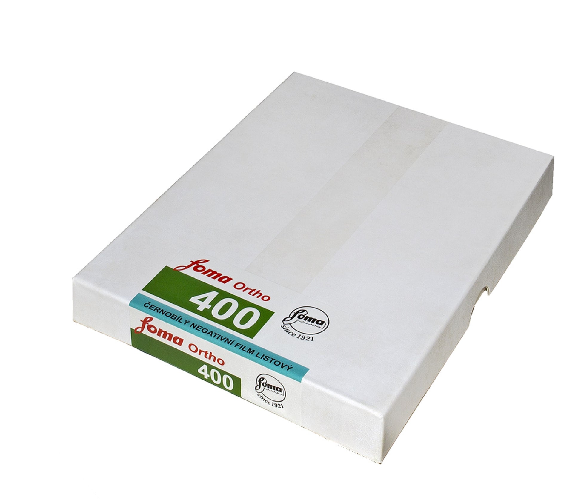 FOMA Ortho 400 black and white 4x5 inch sheet film packaging - 25 sheets.