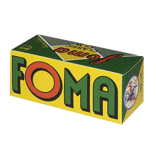 FOMA Retro BW 100 ISO 120 size film box, celebrating 100 years of photographic excellence.