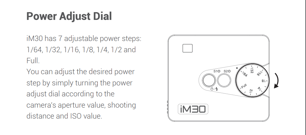Diagram of Godox iM30 Mini Flash power adjust dial showing 7 adjustable power steps for customizable lighting control.
