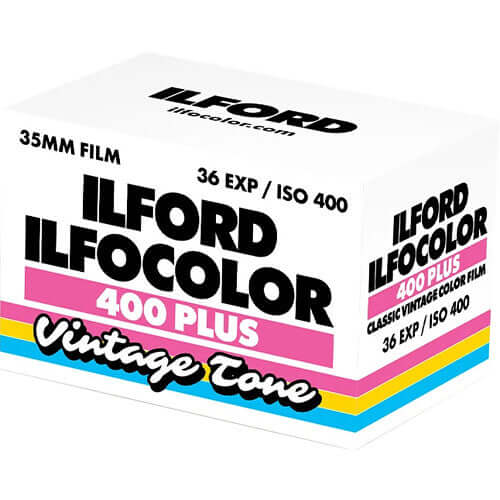 Ilford Ilfocolor 400 Plus 35mm film box showcasing vintage tone features and specs.