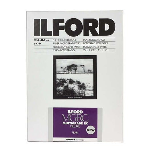 Ilford MGRC Multigrade Deluxe Pearl photographic paper package, 5x7 inches, 25 sheets, featuring textured surface finish.