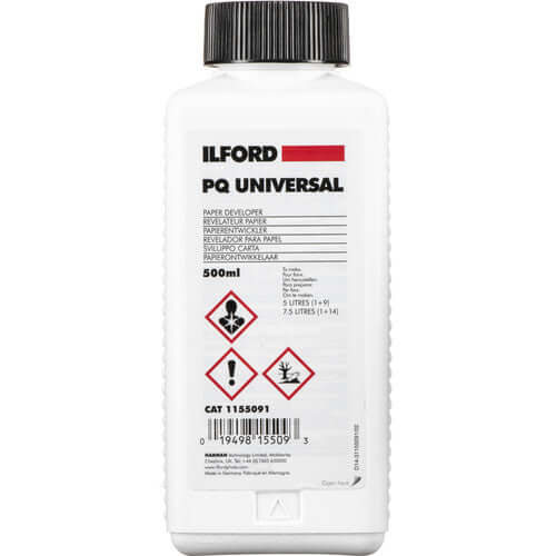 Ilford PQU Universal Paper Developer - 500 ml bottle with safety labels and instructions.
