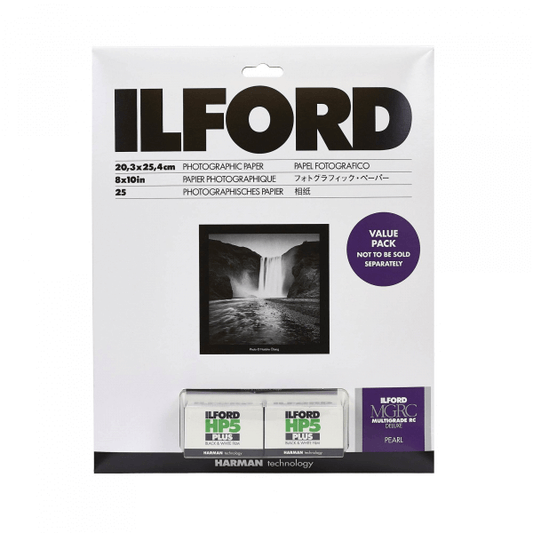 Ilford Starter Kit Value Pack containing 8x10 Pearl Photo Paper and HP5 Plus Film for photography enthusiasts.