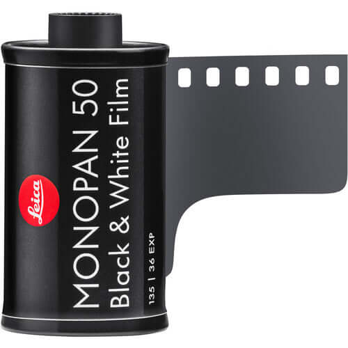 PRE-ORDER Leica Monopan 50 BW 35mm Film, 36 Exp 08/2027 Expiration in a film canister for photography.
