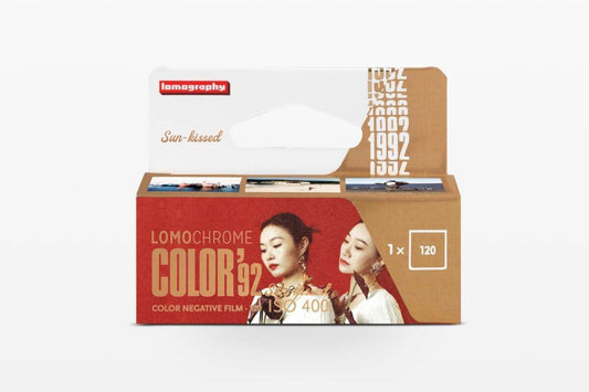 Lomography LomoChrome Color ’92 Sun-kissed ISO 400 film packaging featuring vibrant design for 120 format.