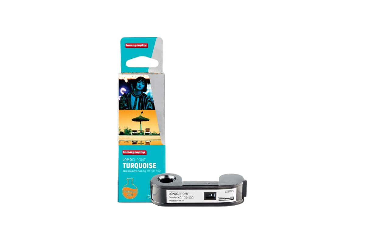 Lomography LomoChrome Turquoise 110 Film package with film canister showcasing teal color effects.