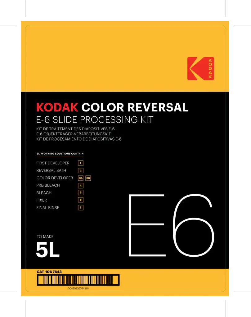 PRE-ORDER Kodak E6 Color Slide Positive Developing Kit 5L packaging, featuring instructions and components for slide processing.