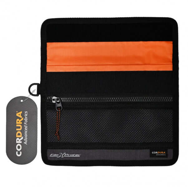 RETO Film X-Protec Bag featuring durable Cordura fabric with orange accents for X-ray protection.