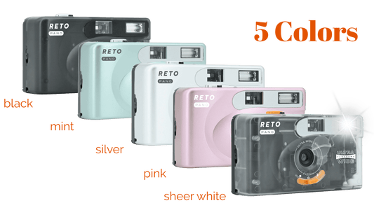 Reto Pano 35mm film camera available in 5 colors: black, mint, silver, pink, and sheer white.