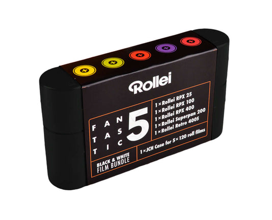 Rollei Fantastic 5 BW 120 film bundle featuring RPX 25, RPX 100, Superpan 200, and Retro 400S.