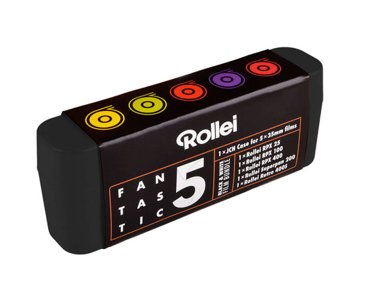 Rollei Fantastic 5 BW 35mm film bundle showcasing black and white photography options in a stylish case.