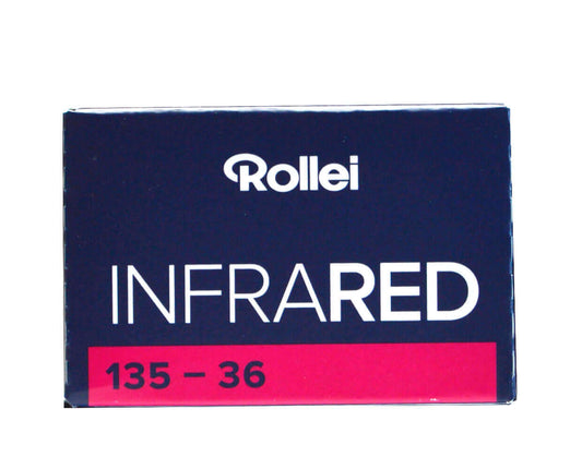 Rollei Infrared 135-36 film box, ideal for dramatic black and white photography with ISO 400 sensitivity.