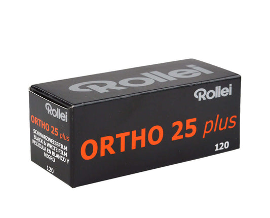 Rollei Ortho 25 Plus BW 120 roll film box for classic black and white photography.