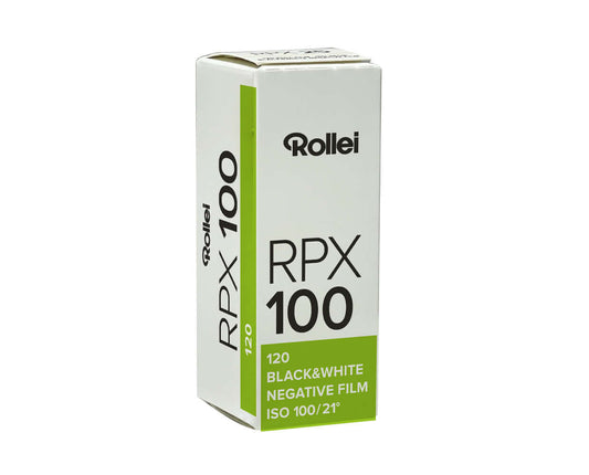 Rollei RPX 100 BW 120 roll film box showcasing features like ISO 100/21° and fine grain for superior image quality.