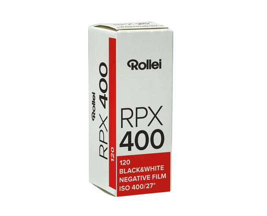 Rollei RPX 400 BW 120 roll film box showcasing features of high sensitivity and excellent edge sharpness.