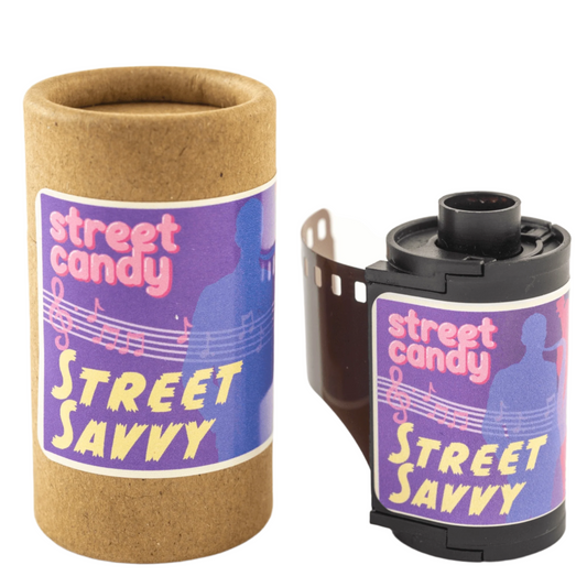 Street Candy Street Savvy 400 ISO 35mm film in a brown canister, perfect for vibrant street photography.