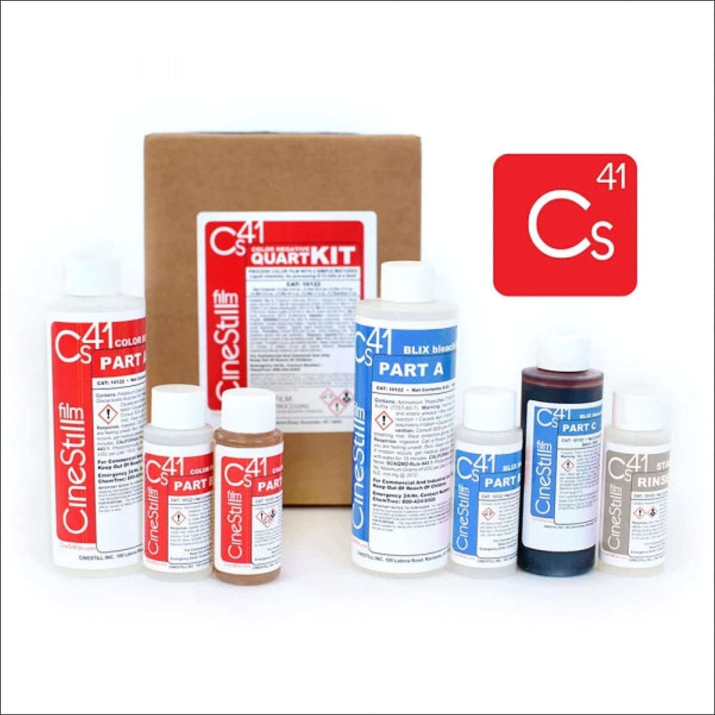 Cinestill Cs41 Liquid Developing Kit for C-41 color film processing at home, includes all essential liquid chemicals.