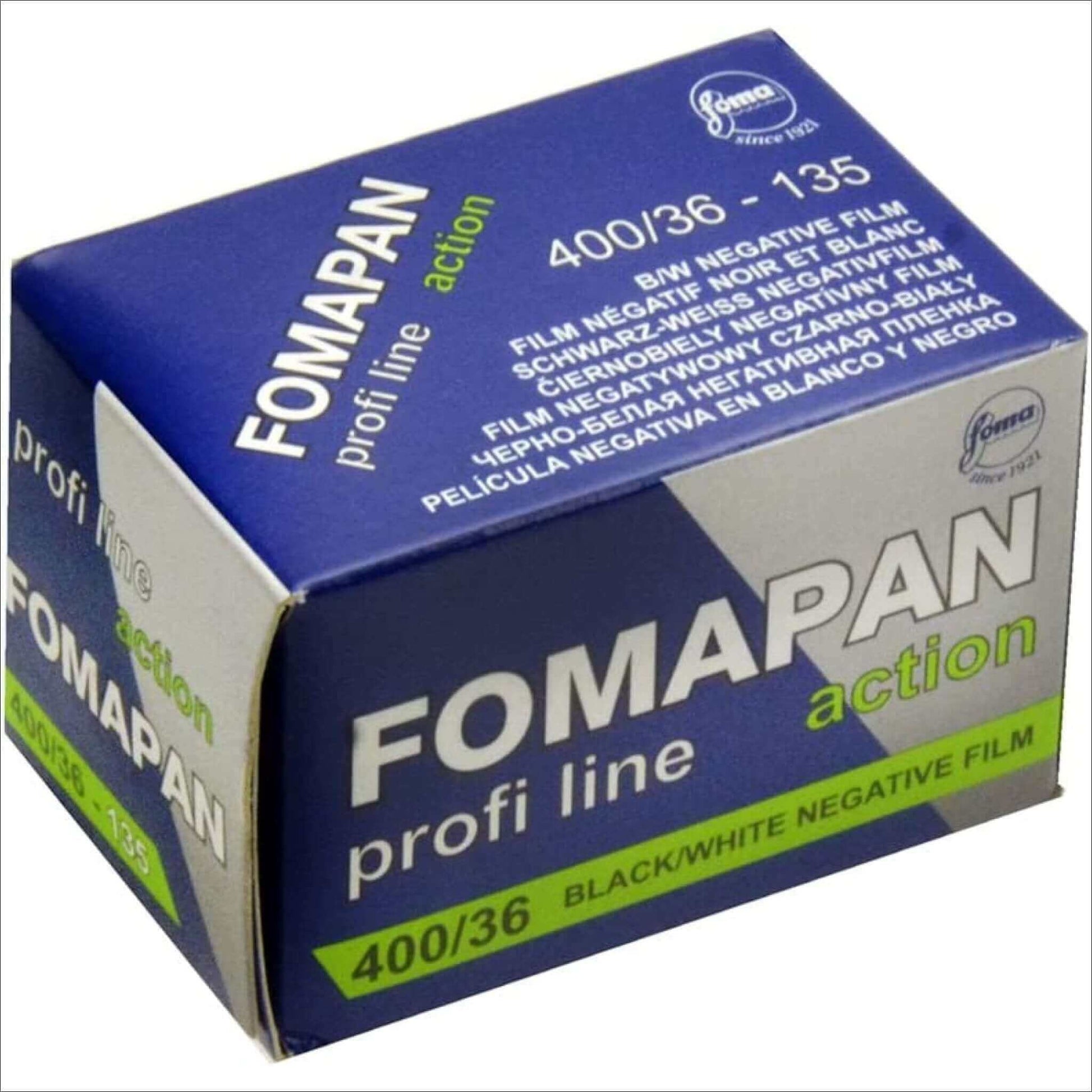 Fomapan Profi Action 400 ISO 35mm black-and-white negative film packaging, ideal for low light photography.