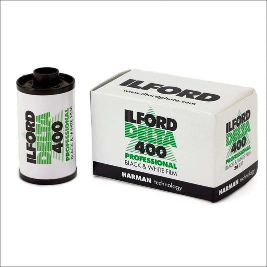 Ilford Delta Pro 400 Iso Black & White 35mm film with packaging, high-speed ISO 400 for exceptional sharpness.