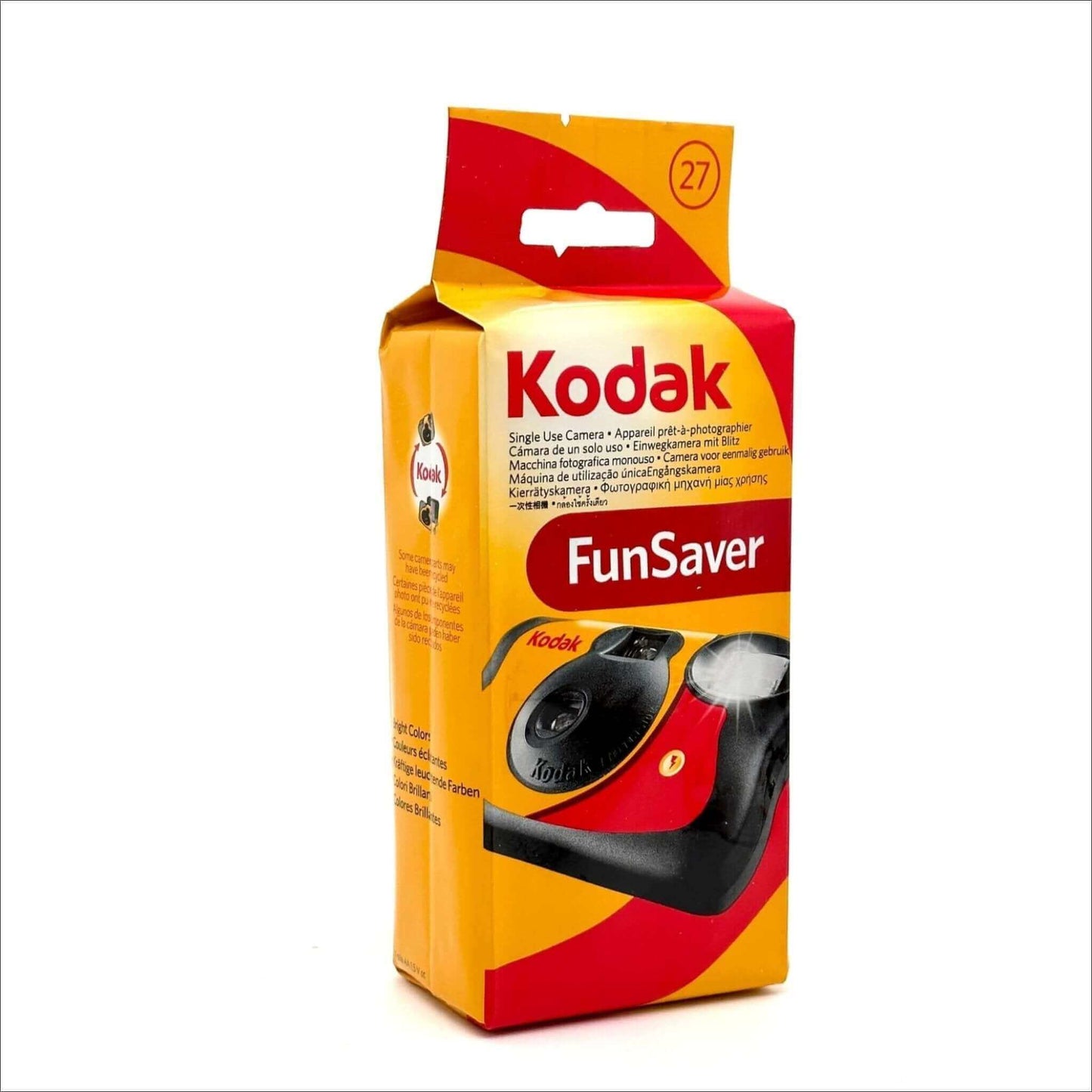 Kodak FunSaver single-use camera packaging with vibrant colors and 27 exposures, ideal for outdoor adventures.