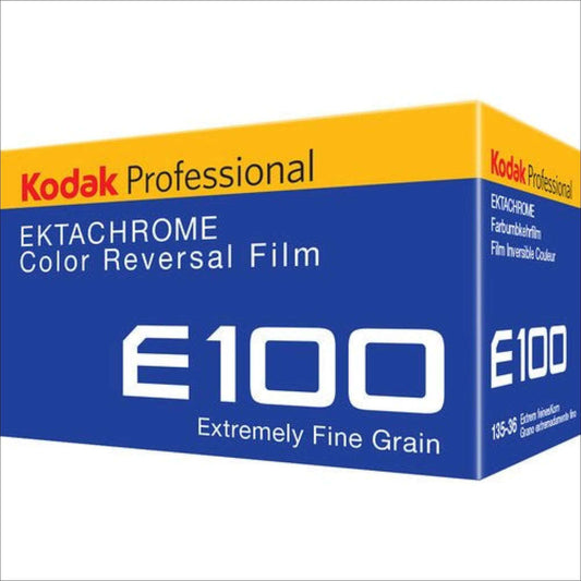 Kodak Ektachrome E100 color reversal film box showcasing vibrant colors and fine grain for exceptional quality.
