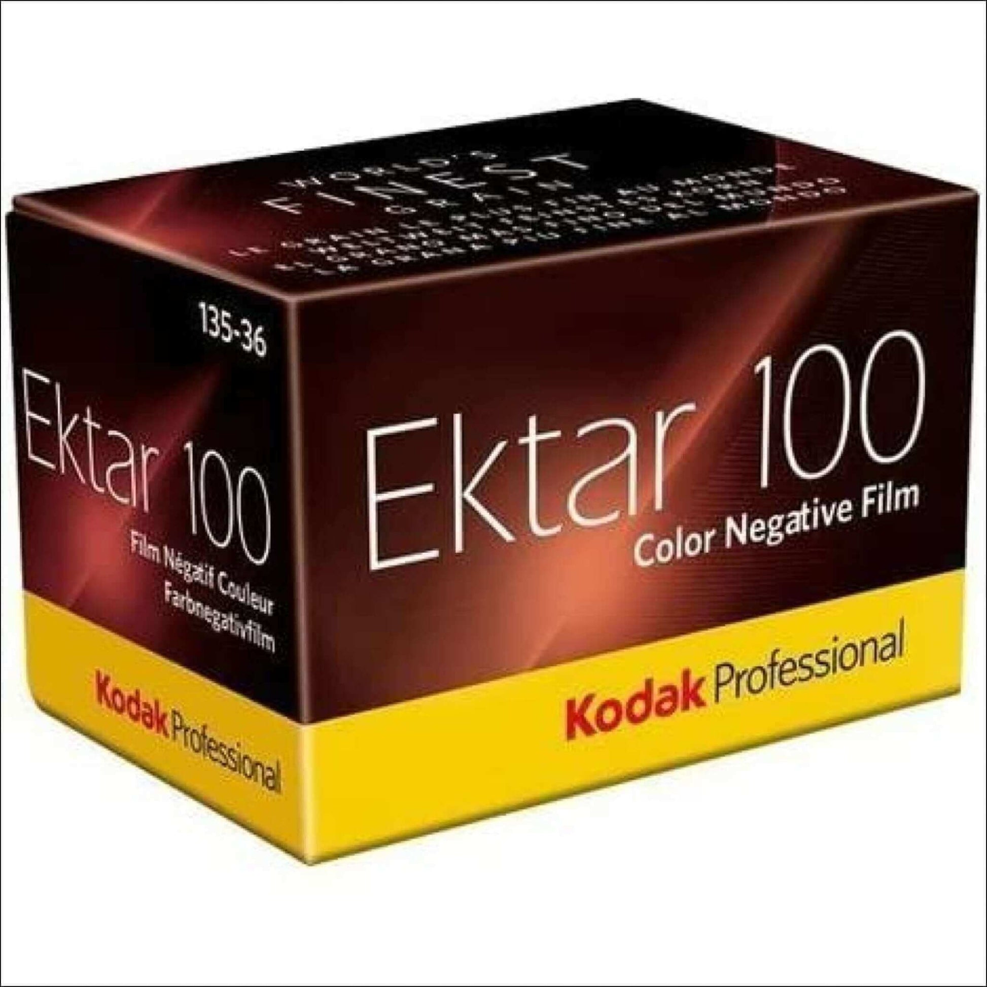 Kodak Ektar 100 ISO color negative film box, 35mm, 36 exposures, known for fine grain and vibrant color.