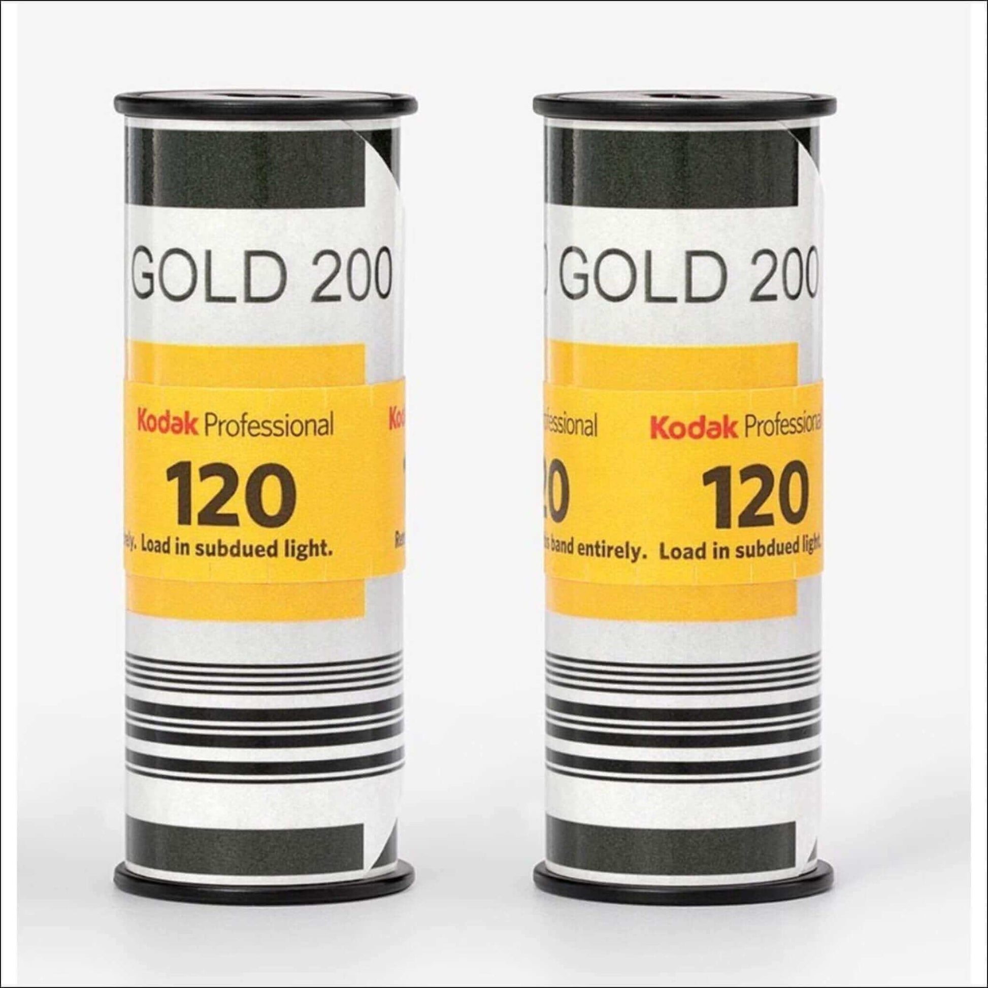 Two Kodak Professional Gold 200 ISO 120 film canisters on a white background, showcasing vivid color and sharpness.