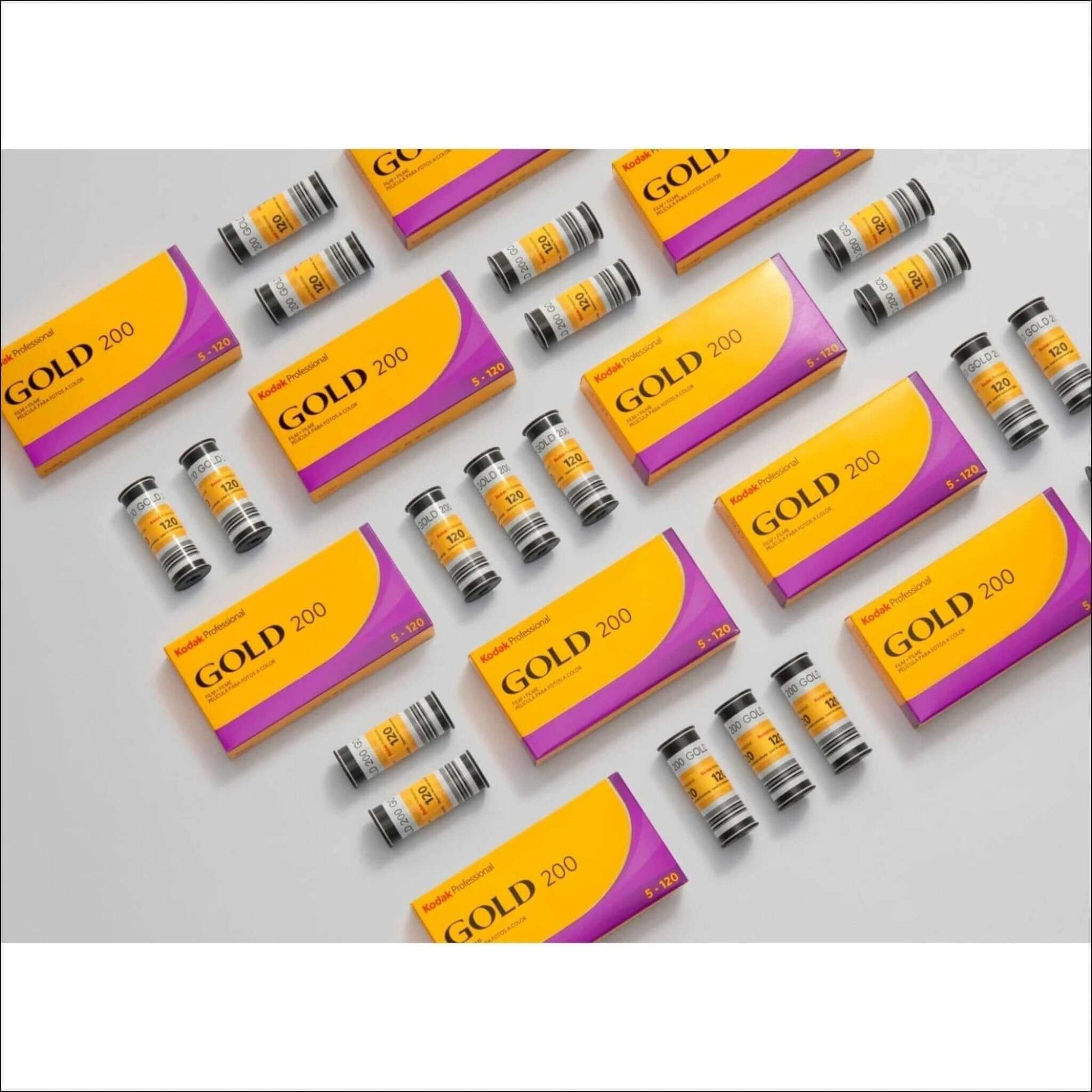 Kodak Gold 200 ISO Color C41 120 Medium Format Film 5-pack, showcasing vibrant packaging and film canisters.