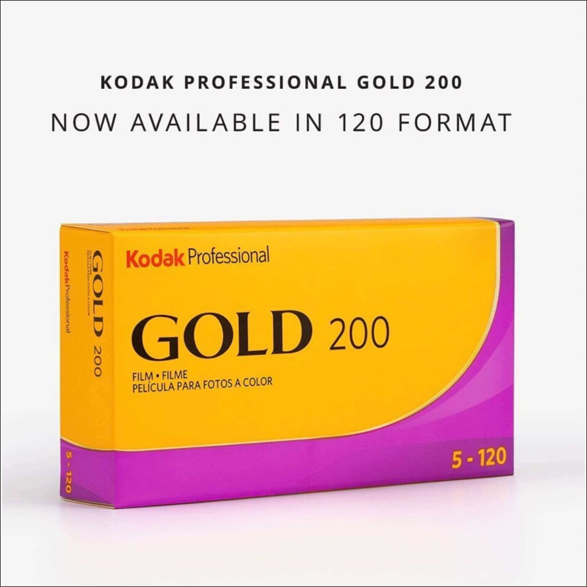 Kodak Professional Gold 200 medium format film pack, 5 rolls, ideal for vivid color and sharp images.