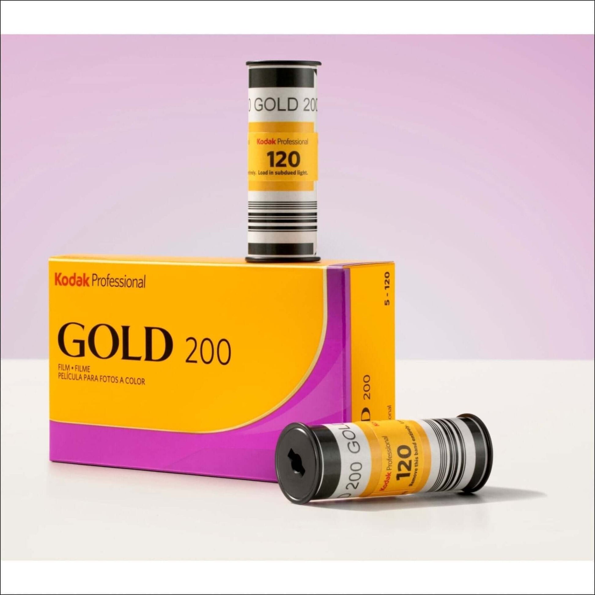 Kodak Gold 200 ISO 120 medium format film 5-pack with vibrant yellow packaging and film canisters.