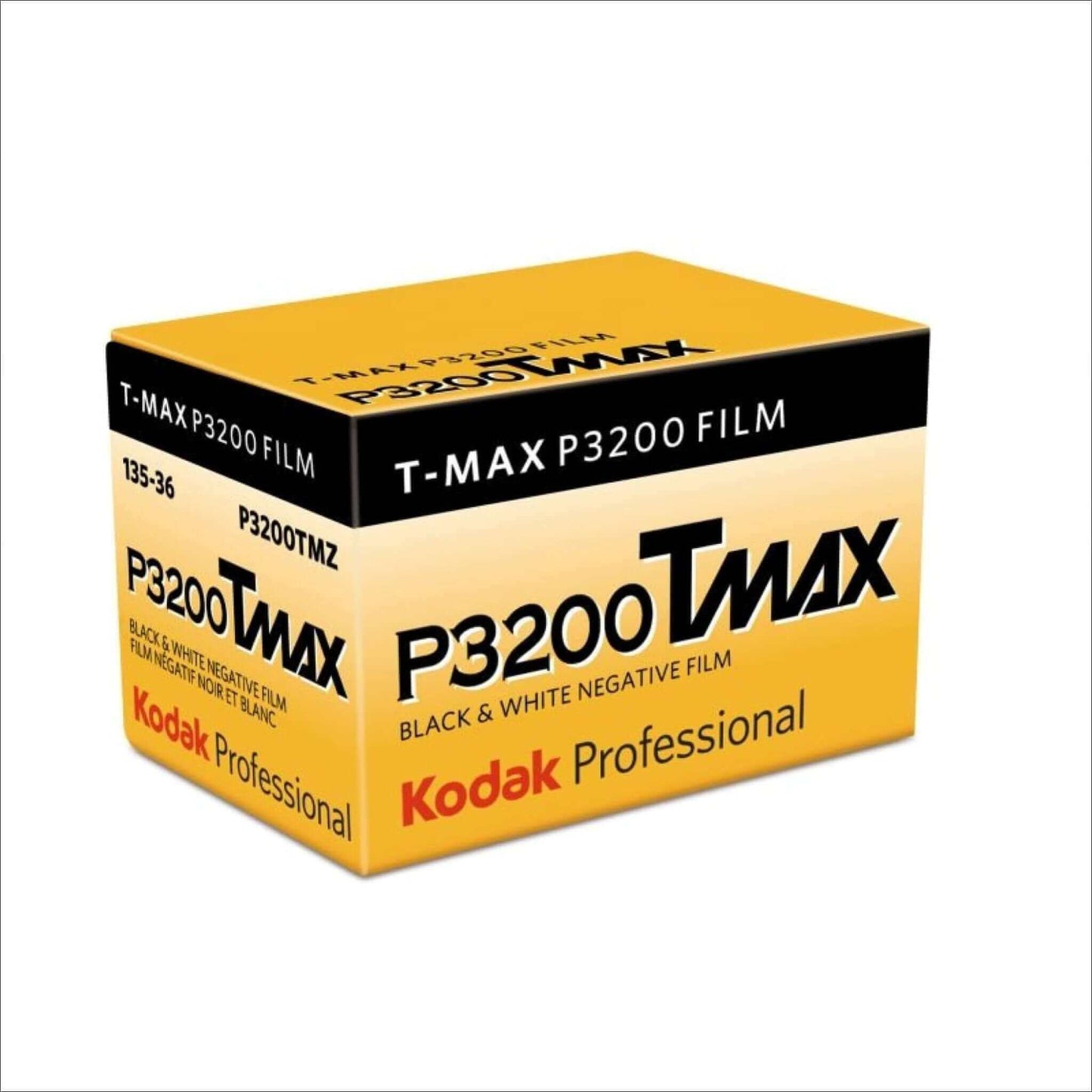 Kodak TMAX P3200 Black and White 35mm film box, high-speed negative film for professional photography.