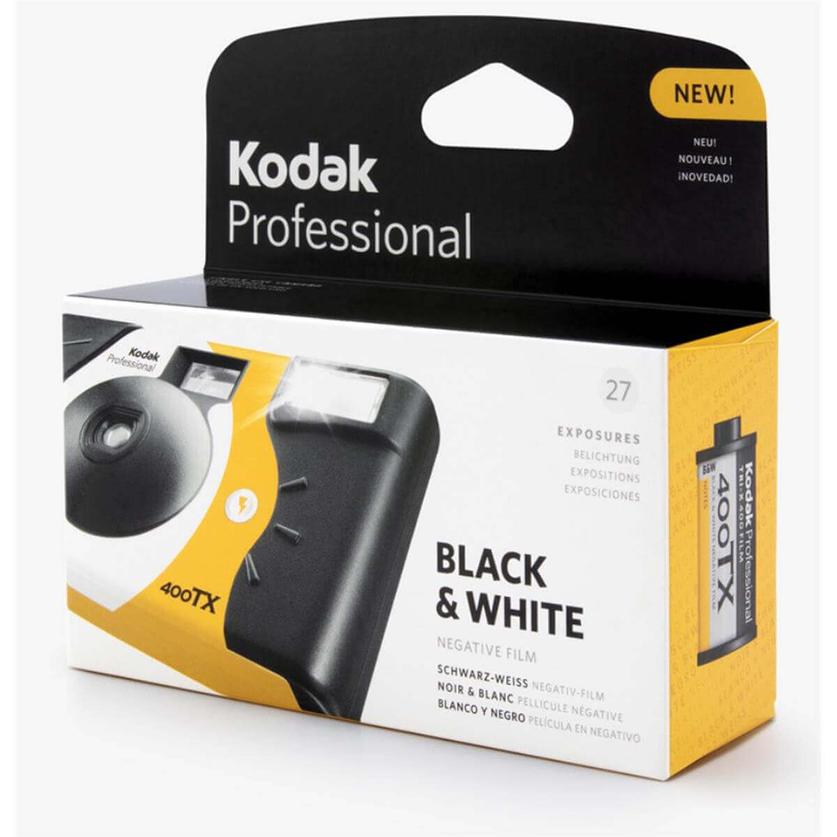 Kodak Professional 400TX Black and White Disposable Film Camera packaging with 27 exposures, ideal for monochrome photography.