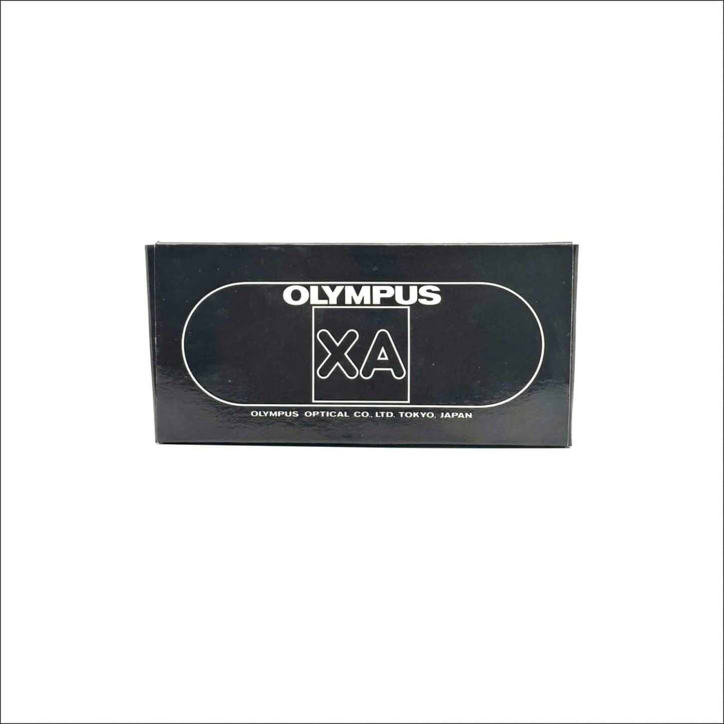 Olympus XA vintage 35mm film camera box featuring logo and branding in black.