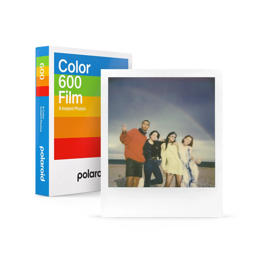 Polaroid Color 600 Film pack with instant photo, featuring 8 exposures and classic white frame design.