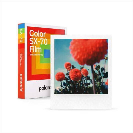 Polaroid Color SX-70 Instant Film pack and developed photo of red flowers, featuring 8 instant exposures.