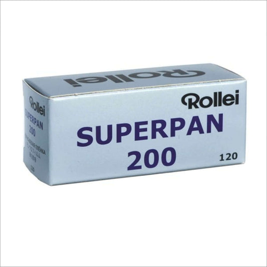 Rollei Superpan 200 black and white negative film 120 ISO 200 packaging, showcasing its all-rounder capabilities.
