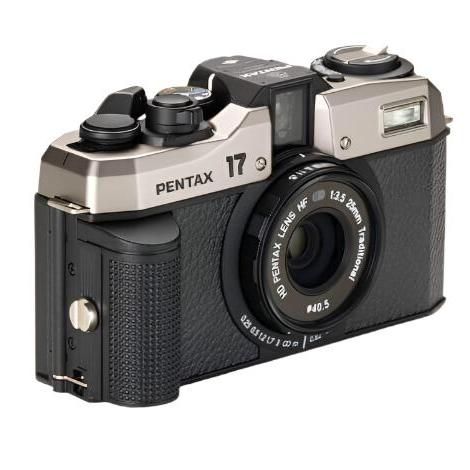 Vintage Pentax 17 film camera with leather grip and dual-lens ⟶ detailed view.