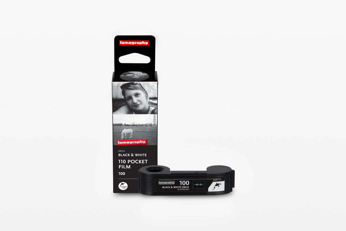 Lomography Black & White 110 Pocket Film 100 with packaging displaying a black and white portrait.