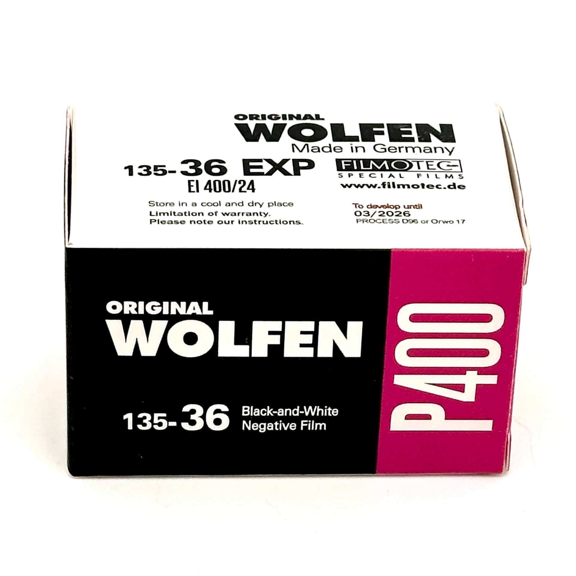 "Box of Original Wolfen P400 135-36 black-and-white negative film, made in Germany by Filmotec"