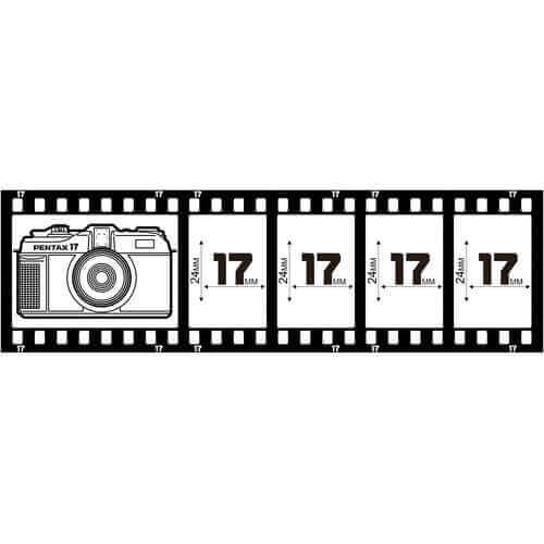 Vintage film strip with multiple frames, including an illustration of a Pentax 17 camera and measurements of 24mm.