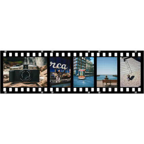 Film strip with photos of a vintage camera, a neon sign, a trolley, a person on a bench by the water, and a person on a staircase.