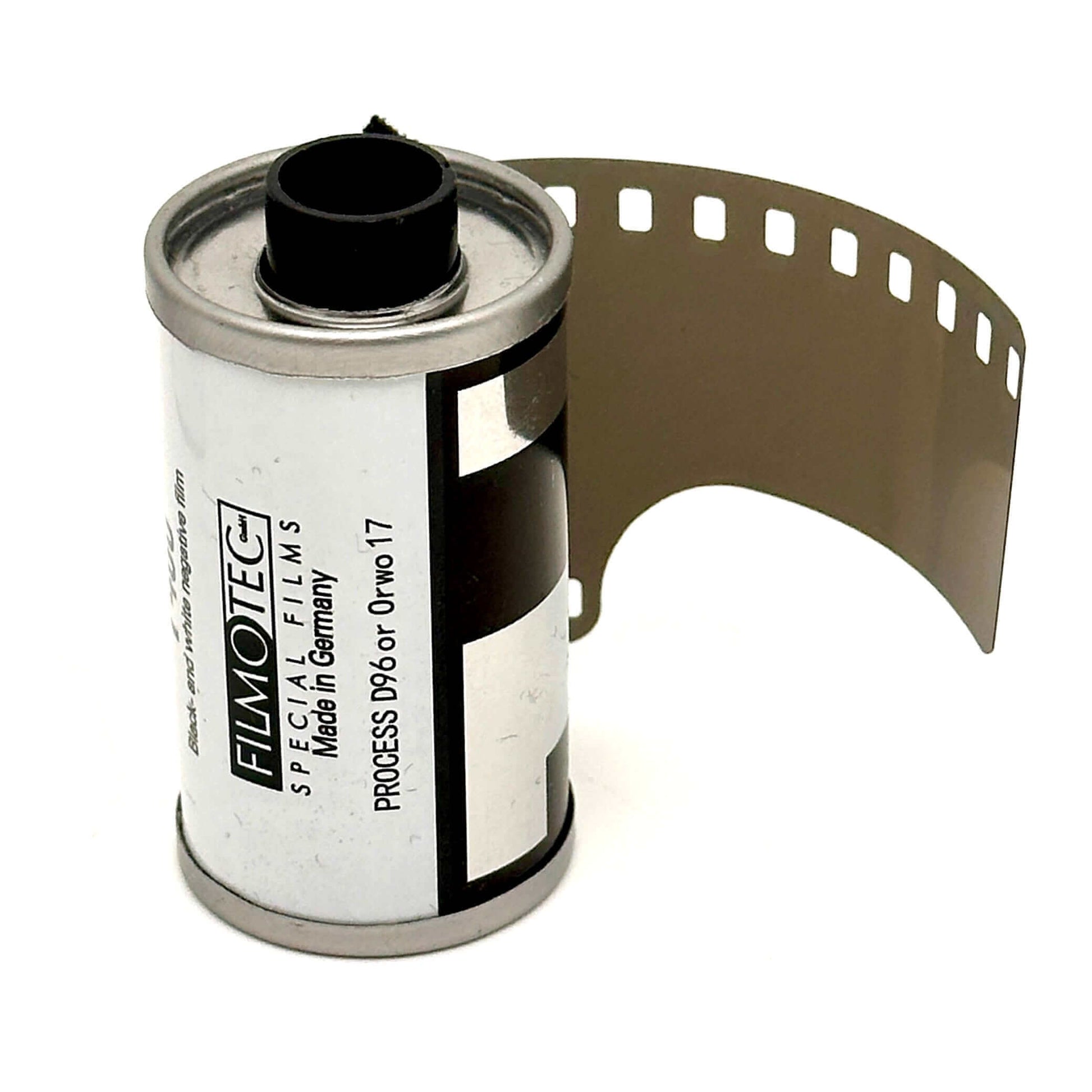 Black and white FilmoTec 35mm film roll with extended film strip