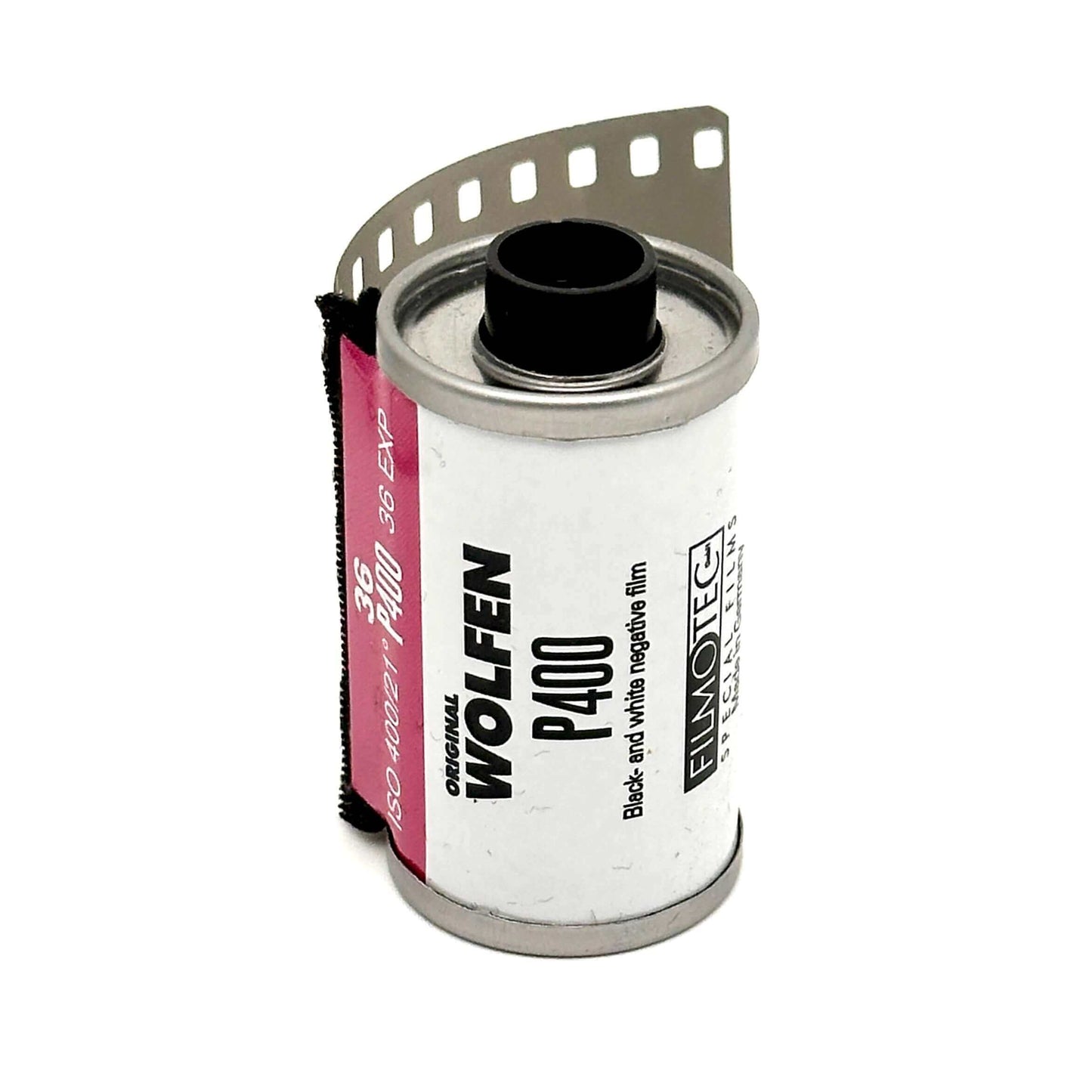 Wolfen P400 black-and-white negative film roll with exposed film strip.