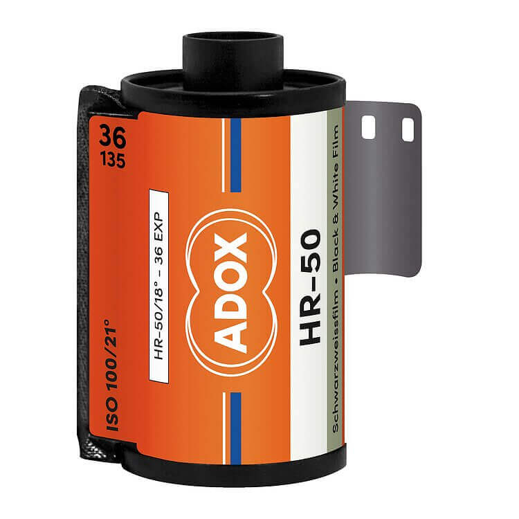 Adox HR-50 black and white film roll with 36 exposures and ISO 100/21 rating for 135 format cameras