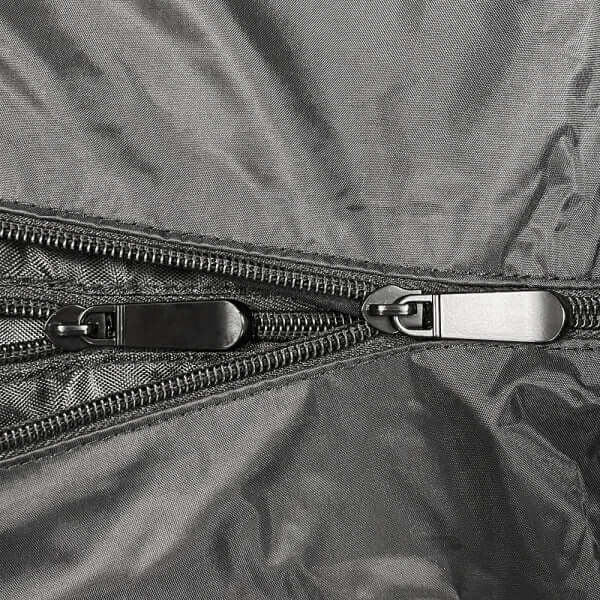 Close-up of the zipper detail on the Arista Double Lined Changing Bag in black, showcasing its durable construction.